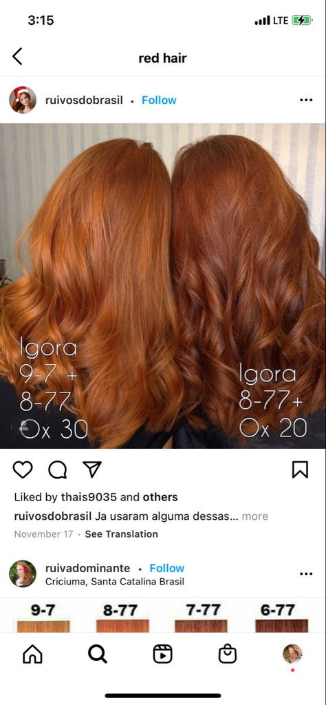 Ginger Hair Igora, Schwarzkopf Red Formulas, Igora Royal Copper Formulas, Burnt Copper Hair Color, Red Head Style Outfits, Igora 7.77 Ox 30, Igora Royal Copper, Tangerine Hair Color, 7.44 Hair Color