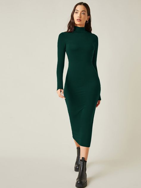 Dark Green Dress Outfit Casual, Long Sleeve Bodycon Dress Outfit, Dark Green Dress Long, Green Dress Long Sleeve, Dress Long Sleeve Casual, Green Dress Outfit, Shein Basics, Forest Green Dresses, Body Con Dress Outfit