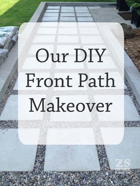 Our DIY Front Path Makeover - ZenShmen Project Curb Appeal, Flagstone, Pavers, River Rock, Landscaping, Hardscaping Walk Ways Diy Paths Cheap, Walkway Makeover, Budget Curb Appeal, Diy Path, Front Path, Flagstone Pavers, Landscaping On A Budget, Landscape Timbers, Stone Pavers