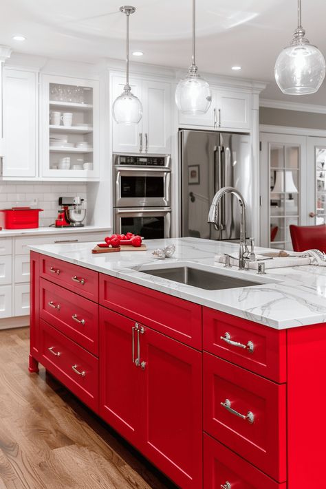 bright red island, white kitchen and small red appliances Red Kitchen Appliances, White Subway Tiles Kitchen Backsplash, Red Kitchens, Red Appliances, Red Kitchen Island, Materials Board Interior Design, Coastal Kitchen Decor, Purple Kitchen, Coastal Kitchen