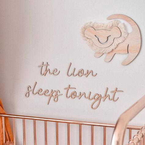 The Lion Sleeps Tonight Wall Script - Lulu Babe Boho Lion King Nursery, Nursery Ideas Lion King, Lion King Baby Room Ideas Themed Nursery, Lion King Baby Nursery, Lion King Nursery Ideas, Animal Kingdom Nursery, Lion King Bedroom, Feature Wall Nursery