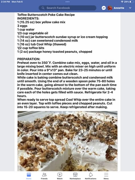 Butterscotch Toffee Poke Cake, Toffee Butterscotch Poke Cake, Butterscotch Poke Cake, Poke Hole Cake, Box Cake Mix Recipes, Cake Mix Cakes, Boxed Cake Mixes Recipes, Butterscotch Cake, Icebox Cake Recipes