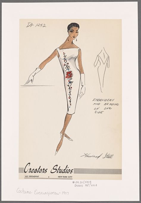 Sleeveless sheath dress with Florentine neckline at front and deep V back; embroidery and beading on one side - NYPL Digital Collections Florentine Neckline, Vintage Clothes Patterns, 1950s Women, 1960’s Fashion, Barbie Sewing, Patron Vintage, Back Embroidery, Fashion Reference, Fashion Drawings