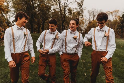 Men’s Suspenders Wedding, Brown Pants And Suspenders Wedding, Rust Wedding Groom Attire, Groomsman Fall Wedding, Groomsmen Attire Brown Pants, Terracotta Suspenders Groomsmen, Copper Suspenders, Burnt Orange Bow Tie And Suspenders, Terracota Groomsmen Attire