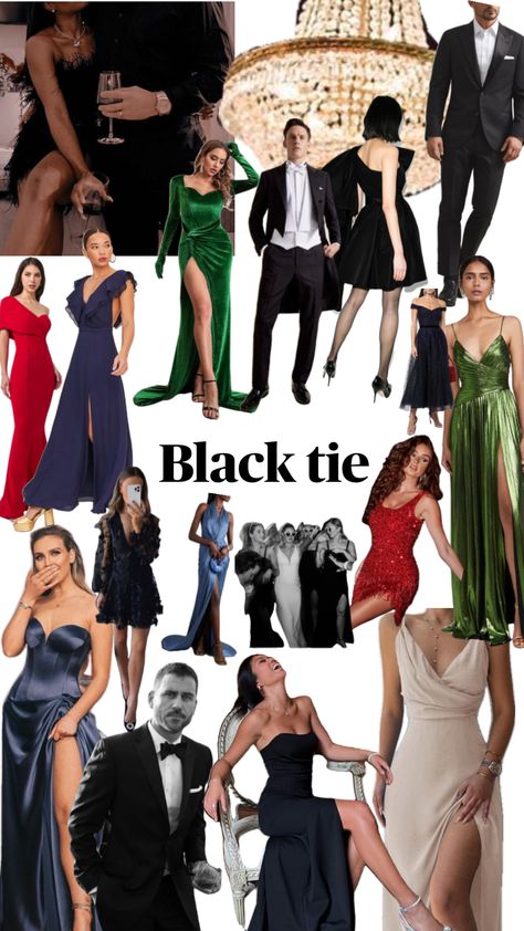 Black tie mood board Black Tie Theme Dress, Black Tie Black Women, Suit And Tie Party Theme, Christmas Black Tie Dress, Black Tie Event Outfit Woman, Black Tie Color Palette, James Bond Outfit Women, Black Tie Prom Theme, Black Tie Theme Party Outfit