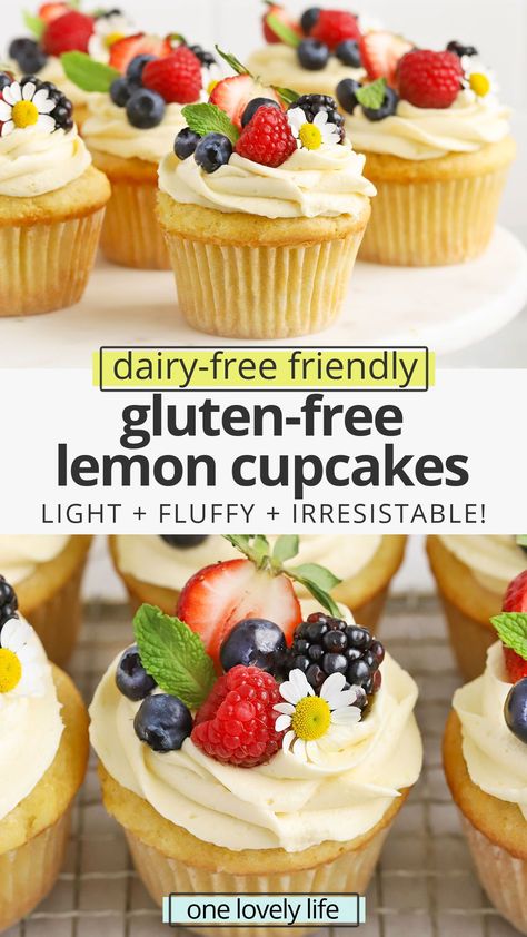 Gluten-Free Lemon Cupcakes with Lemon Frosting. These light, fluffy lemon cupcakes are lovely for any special occasion! (Dairy-Free Friendly) // Dairy-Free Lemon Frosting // Dairy Free Lemon Cupcakes // Lemon Buttercream // Dairy Free Lemon Buttercream // Gluten Free Cupcakes // Gluten Free Lemon Cupcakes Recipe #glutenfree #cupcakes #frosting #lemon #dairyfree Gluten Free Lemon Cupcakes Easy, Lactose Free Cupcakes, Gf Lemon Cupcakes, Gluten Free Patisserie, Gf Df Cupcakes, Gluten Free Lemon Raspberry Cupcakes, Gluten Free Dairy Free Lemon Dessert, Gluten Free Dairy Free Egg Free Dessert, Gluten Free Dairy Free Easter Desserts