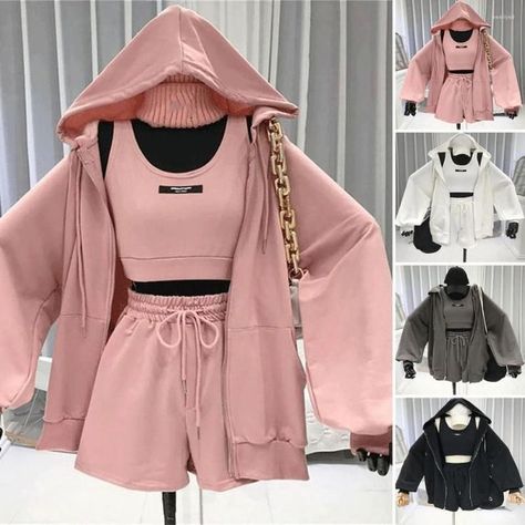 Casual Shorts Three 3 Piece Sets Women Vest Drawstring Shorts Hooded Zipper Jacket Sportswear Suits Female Solid Sports Hoodie M-black Neat Casual Outfits, Stretchy Shorts, Vest Set, Korean Casual Outfits, Women Coat, Dinner Outfits, Casual Sets, Casual Coat, Sportswear Women