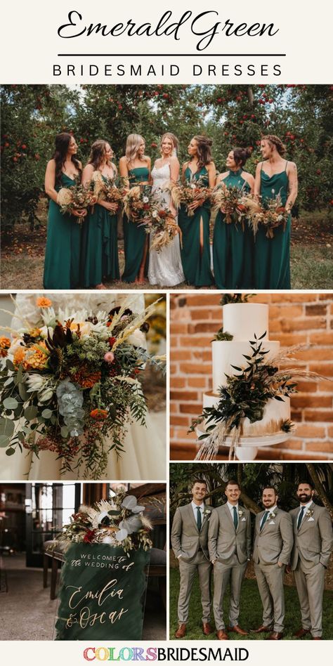 Emerald Wedding Table, Green Bridesmaid Dresses Emerald, Bridesmaid Dresses Emerald Green, Bridesmaid Dresses Emerald, Grey Groomsmen, Green Fall Weddings, Sage Forest, Emerald Green Wedding Theme, Dresses Emerald Green