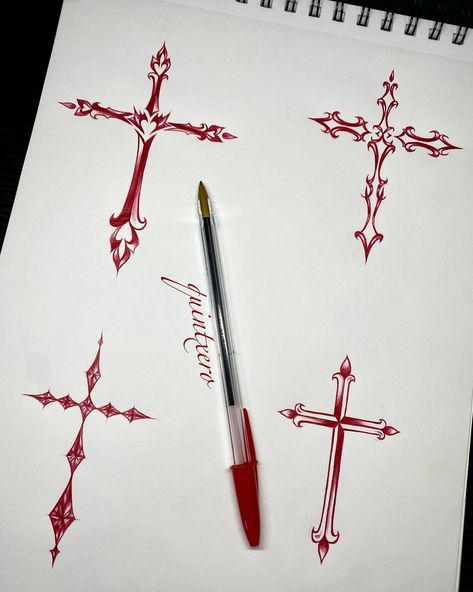 Left Wrist Tattoo, Cross With Thorn Crown Tattoo, Red Ink Cross Tattoo, Cross Y2k Tattoo, Unique Red Tattoos, Unique Cross Tattoos For Women Design, Crusafix Tattoo, Spine Tattoos For Women Cross, Cross Swords Tattoo Design