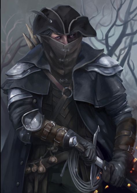 Bandit Leader Dnd, Dnd Hunter, Witch Hunter Character Design, Dnd Vampire Hunter, Witch Hunter Art, Vampire Hunter Dnd Character, Hunter Rpg, Steampunk Vampire Hunter, Warhammer Witch Hunter Art