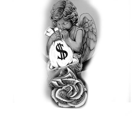 Hood Angel Tattoo, Angel With Money Tattoo, Angel Money Tattoo, Angel Holding Money Bag Tattoo, Gangster Angel Tattoo, Angel With Money Bag Tattoo, Chicano Angel Tattoo, Dollar Rose, Money Bag Tattoo