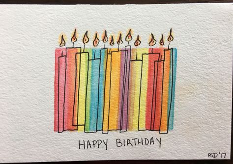 How To Draw Birthday Candles, Watercolor Birthday Candles, Candle Birthday Card, Watercolour Birthday Card Ideas, Hand Painted Birthday Cards, Easy Watercolor Birthday Cards, Watercolor Birthday Card Ideas, Watercolor Happy Birthday Card, Candle Watercolor