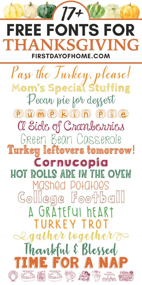 Download these 17 free Thanksgiving fonts for making cards, printables, gift tags, wall art and more! These fonts are free as of today, so hurry to download them before they're gone. These are great for school projects, teachers and bloggers. Use them for Cricut and Cameo projects, too! #freefonts #thanksgiving #thanksgivingfonts #freeprintables #cricut #cameo #firstdayofhome Thanksgiving Fonts, Fall Fonts, Chalkboard Fonts, Thanksgiving Clip Art, Christmas Fonts Free, Holiday Fonts, Canva Fonts, Free Thanksgiving, Christmas Fonts