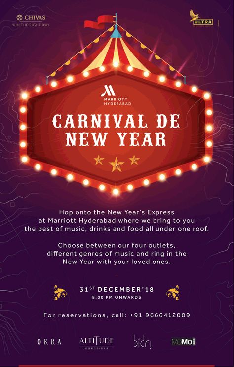 marriott-hyderabad-carnival-de-new-year-ad-hyderabad-times. Check out more Hotels & Restaurants   Advertisement Advertisement Collection at   https://www.advertgallery.com/product-  category/advertisements-by-category/automotive Amusement Park Creative Ads, Diwali Restaurant Poster, Christmas Carnival Poster, Carnival Poster Design Graphics, Carnival Theme Poster Design, Carnival Posters, Party Tickets, Christmas Carnival, Wedding Entrance Decor