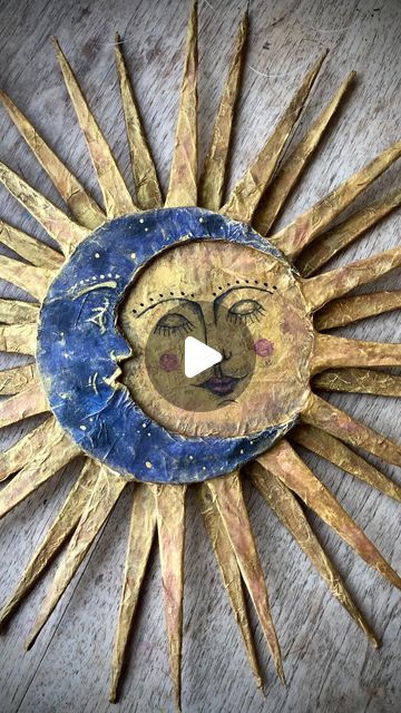 Heinz & Brummel on Instagram: "Mann loves sun 🌜💙💛🌞 …all made of recycled paper and cardboard - now in my Etsy shop again  • • • #moon #sun #moonlovessun #paper #papiermache #paperart #heinzundbrummel #etsy" Cardboard Sun, Paper Mache Sun, Paper Mache Ideas, Paper Sun, Moon Crafts, Cardboard Sculpture, Ethereal Aesthetic, Cardboard Cutout, Moon Sun