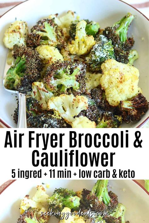 Air Fry Broccoli And Cauliflower, Air Fried Broccoli And Cauliflower, Air Fryer Broccoli And Cauliflower, Broccoli Parmesan, Air Fryer Broccoli, Healthy Low Calorie Snacks, Low Calorie Low Carb, Low Carb Healthy, Parmesan Broccoli