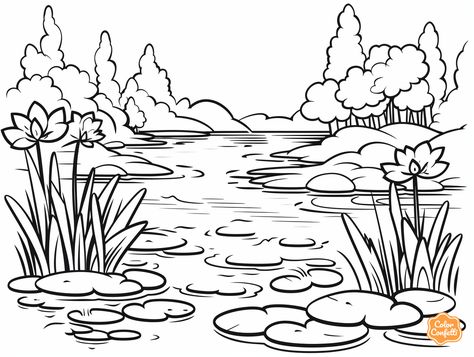 illustration of Pond setting to color in Pond Drawing, Easy Landscape, Beauty Planet, Diy Pattern, Natural Environment, Water Lilies, Ponds, Koi Fish, Free Kids