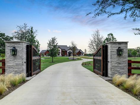 Farm Gates Entrance, Ranch Entrance Ideas, Entrance Gates Driveway, Driveway Entrance Landscaping, Farm Entrance, Ranch Gates, Jones Road, Southlake Texas, Estate Gates