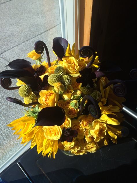 Black and Yellow wedding with a Steelers themed Bouqet Black And Yellow Bouquet, Black And Yellow Wedding, Yellow Wedding Flowers, Yellow Bouquets, Yellow Wedding, Center Pieces, Black And Yellow, Flower Bouquet Wedding, Black Wedding