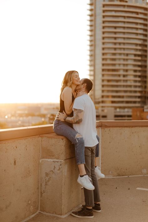 Rooftop Carpark Photoshoot, Couple Poses Rooftop, Rooftop Couple Shoot, Rooftop Parking Garage Engagement Photos, Pizza Rooftop Photoshoot, Roof Top Couple Photoshoot, Parking Ramp Photoshoot Couples, Couple Parking Lot Pictures, Couple Poses Parking Garage