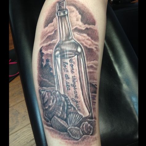 My message in a bottle leg tattoo! Message Bottle Tattoo, Letter In A Bottle Tattoo, Time In A Bottle Tattoo, Pirate Bottle Tattoo, Ocean In A Bottle Tattoo, Bottle Ship Tattoo, Pirate Ship In A Bottle Tattoo, Message In A Bottle Tattoo, In A Bottle Tattoo