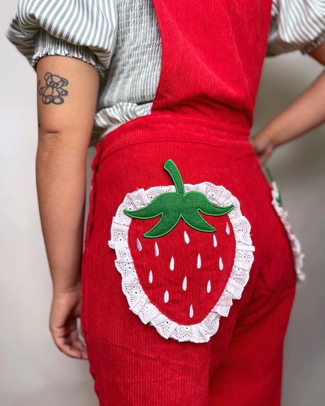 Berry cute vibes all summer~🍓🎀 — #cottagecore #strawberrydress #summeroutfit #springfashion #summerfashion #cottagecoreaesthetic #kawaiifashion #shopsmall #kitschy #kitschycute #whimsicalfashion #strawberrygirl #vintagestyle #dopaminedressing Strawberry Overalls, Wacky Outfits, Embroidered Strawberry, Clothing Making, Strawberry Dress, A Dandelion, Overall Outfit, Embroidered Face, Quirky Fashion