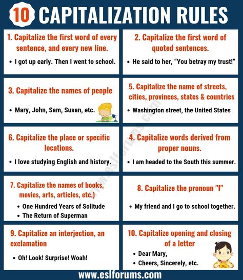 Capitalization Rules: 10 Important Rules for Capitalization of Letters in Written English - ESL Forums Capitalization Rules, Written English, English Grammar Rules, Essay Writing Skills, Teaching Grammar, Good Vocabulary, English Language Teaching, English Writing Skills, Speaking Skills