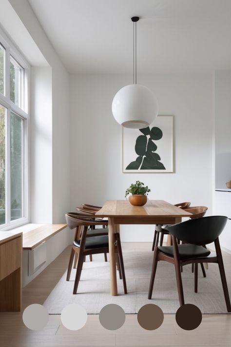 This is a simple, modern dining area, using dark & light greys & browns & white—simple decor, neat & appealing. Very stylish  #moderndiningroom #contemporarydiningroom  #minimalistdiningroom  #moderndiningroomideas #moderndiningroomdesigns #moderndiningroominspo #contemporarydiningroomideas #contemporarydiningroomdesigns #contemporarydiningroominspo #minimalistdiningroomideas #minimalistdiningroomdesigns #minimalistdiningroominspo #moderndiningrooms #contemporaydiningrooms #minimalistdiningrooms Scandinavian Dinner Room, Minimal Dinning Room, Minimalist Dining Area, Modern Minimal Living Room, Modern Minimalist Dining Room, Modern Dining Area, Minimal Dining, Apartment Dining Room, Minimal Living Room