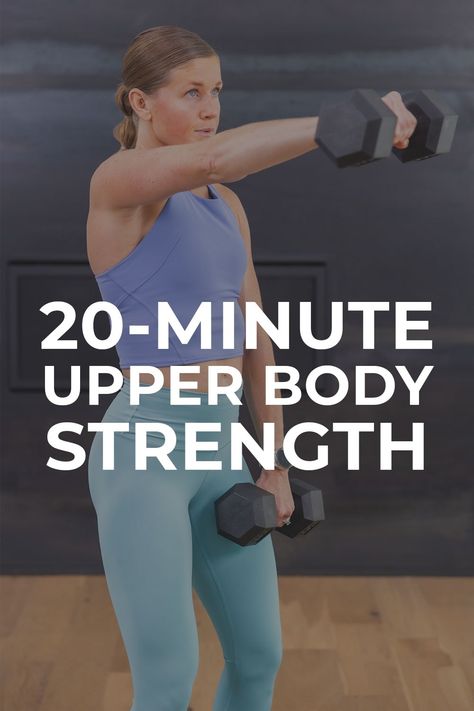 Build strong, defined arm and back muscles with this all-standing sweat session: the best upper body dumbbell workout. This no-repeat and all-standing workout is a fun and challenging way to build strength in every muscle in the upper body. All you need is a set of dumbbells and 20 minutes to target the chest, back, biceps, triceps and shoulders. Standing Up Ab Workout, Exercise Hiit, Upper Body Dumbbell, Upper Body Workout Gym, Upper Body Strength Workout, Upper Body Dumbbell Workout, Upper Body Hiit Workouts, Full Upper Body Workout, Tuesday Workout