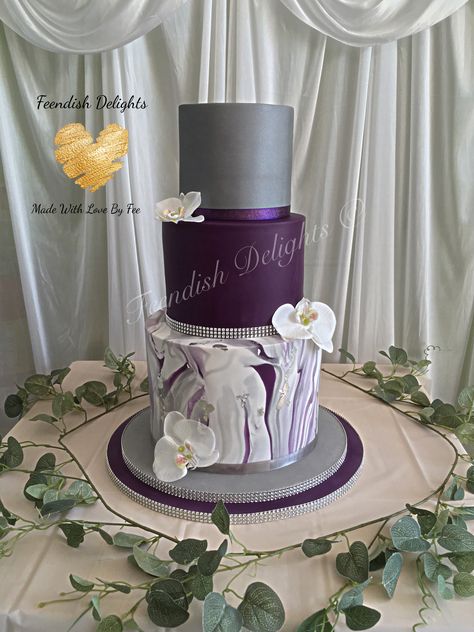 Purple & Grey Wedding cake for my daughters wedding. 10” double barrel vanilla sponge with vanilla smbc & strawberry conserve. 8” red velvet cake with white choc cheesecake smbc. 6” caramel sponge with salted caramel smbc & caramel sauce. #weddingcake #purpleandgrey #purplewedding #marbleeffect #silverleaf #marble #feendishdelughts #madewithlove White Choc Cheesecake, Purple Grey Wedding, 60th Birthday Cake For Mom, Grey Wedding Cake, Choc Cheesecake, Hat Box Cake, Gray Wedding Cake, Birthday Cake For Mom, Daughters Wedding