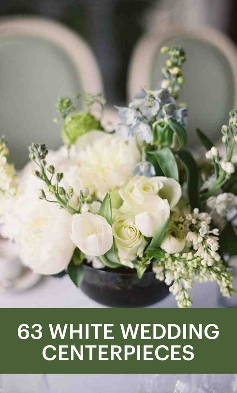 63 White Wedding Centerpieces | Martha Stewart Weddings - Just as there are many flowers that come in the classic color, so are there many ways to arrange them. Which is why the white wedding centerpiece will never go out of style. Put your own twist on the wedding staple for it to feel fresh and modern. For inspiration, turn to these ideas that we adore from real celebrations. All White Centerpieces Simple, White Wedding Centerpieces With Greenery, Small White Centerpieces Simple, Bridal Shower White Flower Arrangements, Fresh Flower Wedding Centerpieces, White And Greenery Wedding Centerpieces Round Table, Wedding Reception Flowers Centerpieces Round Table, Green And White Tablescape Wedding, Faux Wedding Flowers Centerpieces