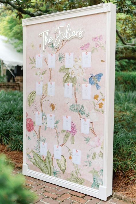 Whimsical pink wildflower seating chart wallpaper Long Fringe Dress, Bas Mitzvah, Wedding Seating Chart Display, William Aiken House Wedding, Colorful Weddings, Wallpaper Wedding, William Aiken House, Dubai Wedding, Southern Garden