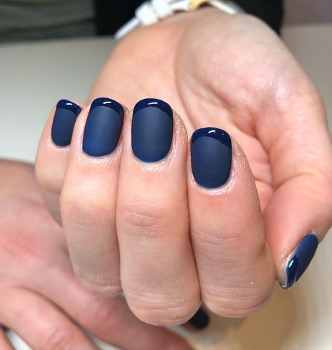 Matte Navy Blue Nails combine a rich, deep shade with a velvety finish, exuding a sense of refined charm and understated elegance. Elevate your nail game with Matte Navy Blue Nails, a versatile choice that complements any occasion and style. Matte January Nails, Navy Matte Nails Short, Matte Navy Nails With Gold, Blue Fall Nail Colors, Navy Blue Halloween Nails, Navy Nails Matte, Navy Sns Nails, Navy Blue Matte Nails Fall, Navy Almond Nails Design