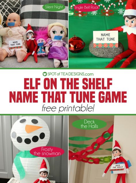 Elf on the Shelf Name That Tune Game - Spot of Tea Designs Elf On The Shelf Game Ideas, Elf On Shelf Snowman, Name That Tune Game, The Christmas Carol, Elf Idea, Elf On Shelf, White Paper Lanterns, Elf Names, Name That Tune