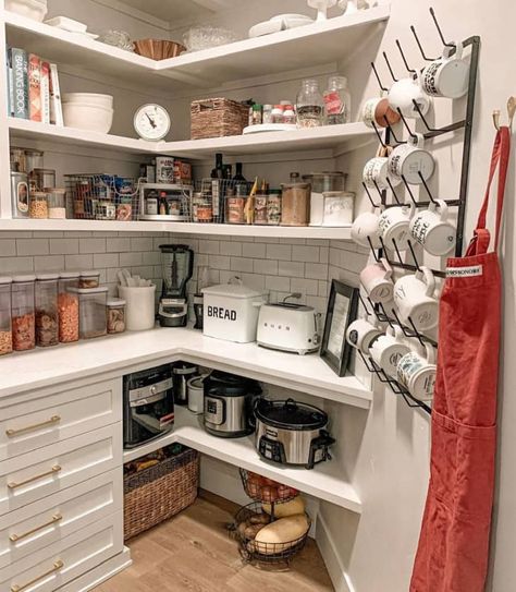 13 Walk-In Pantry Ideas to Maximize Storage Space | Apartment Therapy Walk In Pantry Ideas Layout, Small Walk In Pantry, Walk In Pantry Ideas, White Pantry, Pantry Shelves, Built In Pantry, Pantry Remodel, White Subway Tile Backsplash, White Floating Shelves