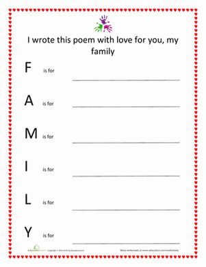 An acrostic poem is one of the most easy and rewarding ways for younger children to write poetry. Fill in the blanks to spell out "family". Acrostic Poem For Kids, Poem Worksheet, Elementary Poetry, Elementary Crafts, Poem Activities, Poem Template, Personal Narrative Writing, Write Poetry, Writing Lesson Plans