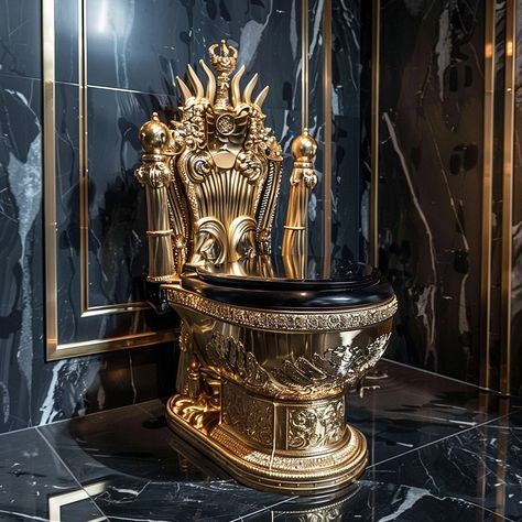 Experience royal comfort with our Throne-Inspired Toilet, a luxurious and elegant addition to your bathroom. Designed to evoke the grandeur of a majestic throne, this toilet features intricate detailing and high-quality materials that exude sophistication. The ergonomic seat ensures optimal comfort, while modern flushing technology guarantees efficiency and water conservation. Perfect for those who seek a blend of opulence and practicality, this throne-inspired toilet transforms an everyday n... Throne Ideas, Golden Toilet, Gold Toilet, Royal Bathroom, Throne Chair, Luxury Bathrooms, Home Aesthetics, Dreamy Room, Luxury Aesthetic