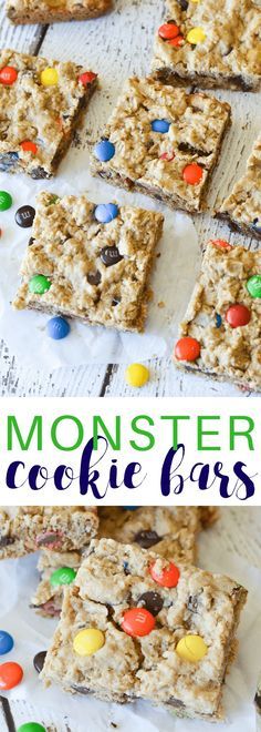 These Monster Cookie Bars are the perfect combination of soft and chewy, plus all of the deliciousness that monster cookies have packed into bite-sized bars. Monster Cookie Bars Recipe, Monster Bars, Gluten Free Monster Cookies, Peanut Butter And Oats, Monster Cookie Bars, Best Treats, Monster Cookie, Best Baking Recipes, Baking Recipe