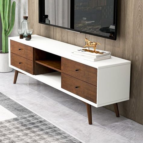 Novel Mid Century White Tv Stand With Solid Wood Frame TV Stand with 6 Storage Cabinet , Modern Walnut TV Console - Bed Bath & Beyond - 34477346 Tv Stand For 65 Inch Tv, 43 Inch Tv Living Rooms, Tv Table For Bedroom, Tv Unit With Legs Design, Standing Tv Console, Aesthetic Tv Console, Tv Drawer Design, Console Table For Living Room, Tv Stand Mid Century Modern