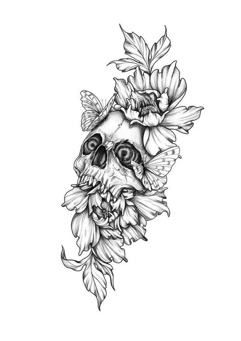 Spooky Tattoos With Flowers, Skull And Leaves Tattoo, Flowers With Skulls Tattoo, Flowers And Skulls Tattoos, Skull With Flowers Tattoo, Nicole Tattoo, Skull Flower Tattoo, Floral Skull Tattoos, Tattoo Papillon