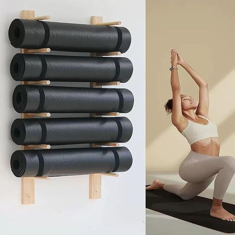 Gym Workout Room, Room Workout, Hanging Storage Shelves, Wood Storage Rack, Yoga Mat Holder, Home Gym Workout, Yoga Mat Storage, Wand Organizer, Mindful Movement