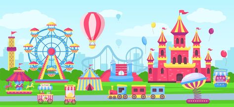 Premium Vector | Amusement park with funfair attractions, carnival fairground rides. cartoon circus tent, children castle, rollercoaster vector illustration Circus Tent, Art Camp, Fun Fair, Sticker Template, Camping Art, Cartoon Style, Amusement Park, Roller Coaster, Theme Park