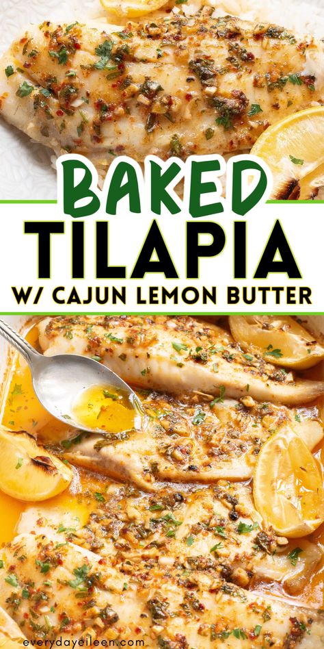 Cajun Lemon Butter Baked Tilapia is a delicious seafood dinner ready in about 15 minutes. The flaky fish is perfectly seasoned and baked in a Cajun lemon butter for an easy weeknight dinner. Perfect for a quick, easy fish dinner. Oven Baked Swai Fish Recipes, Dinner Ideas With Tilapia, Baked Fish And Vegetables, Garlic Butter Baked Tilapia, Garlic Butter Oven Baked Tilapia, Fish Recipes Tilapia Baked, Fresh Tilapia Recipes, Easy Fish Meals, How Long To Bake Fish In Oven