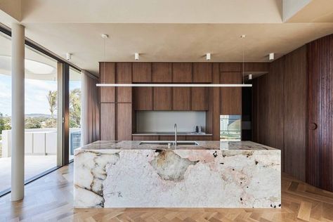 CDK Stone on Instagram: "Spectacular Pink Patagonia in the kitchen @portum.byronbay , a luxury stay and shoot location in the heart of Byron Bay.⁣⁣ Photo by @andymacpherson.studio ⁣ ⁣⁣ #cdkstone #pinkpatagonia #quartzite #naturalstone #naturalbeauty #naturesmasterpiece #designstyle #natural #stone #interiors #exteriors #designinspo #designinspiration #natural #interiors #stone #interiordecor #designoftheday" Patagonia Quartzite, Quartzite Kitchen Island, Quartzite Kitchen Countertops, Stone Kitchen Island, Pink Patagonia, Kitchen Refurbishment, Natural Interiors, Light Brown Highlights, Bay Photo