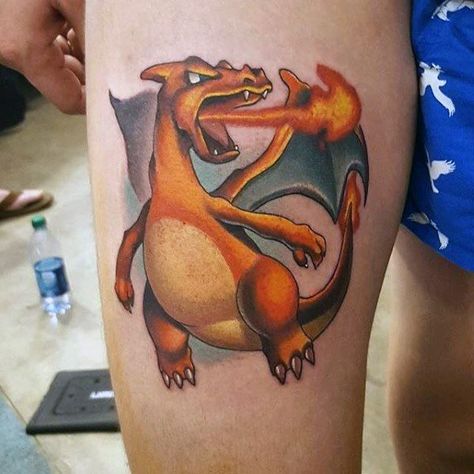 Male Charizard Tattoo Design Inspiration Futuristic Tattoos, Kurt Tattoo, Charmander Tattoo, Pokemon References, Charizard Tattoo, Anime Tats, Nintendo Tattoo, Pikachu Tattoo, Gamer Tattoos