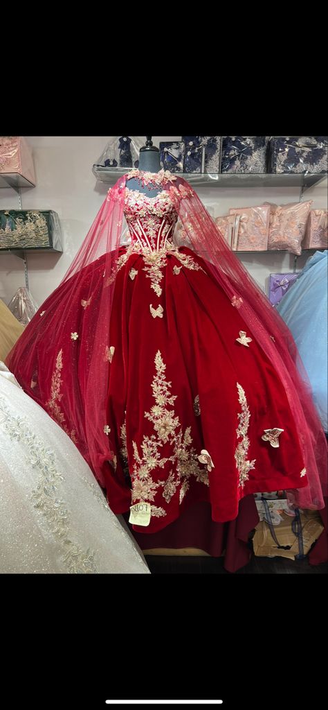 Red Velvet Quince Dress, Wine Red And Gold Quinceanera Dresses, Quinceanera Red And Gold Dresses, Red And Gold Dress Quinceanera, Chambelanes Outfits Quinceanera Red And Gold, Red And Gold Heels Quince, Dark Red And Gold Quinceanera Dresses, Red And Gold Sweet 16 Dresses, Red And Gold Quince Theme