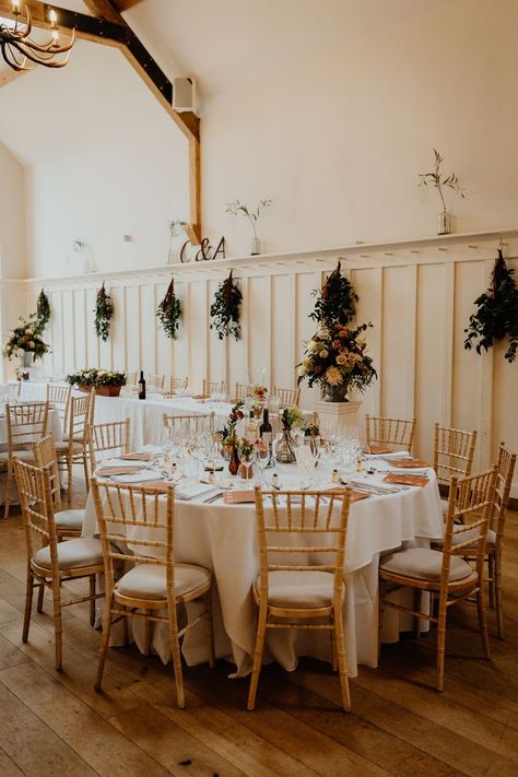 Autumnal Wedding Breakfast Inspiration | round tables with crisp white linen, autumn foliage and burnt rust, peach flowers | Captured by Jonny MP Photography Autumn Table Setting, Breakfast Inspiration, Autumnal Wedding, Wedding Autumn, Autumn Foliage, Autumn Table, Round Tables, Wedding Barn, Wedding Breakfast