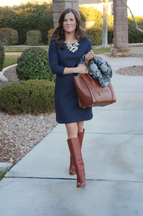 Navy Dress With Boots, Dark Blue Dress Outfit, Navy Fall Dress, Navy Blue Dress Outfit, Dresses With Boots Fall, Dress Boots Outfit, Navy Dress Outfits, Little Blue Dress, Navy Blue Long Dress