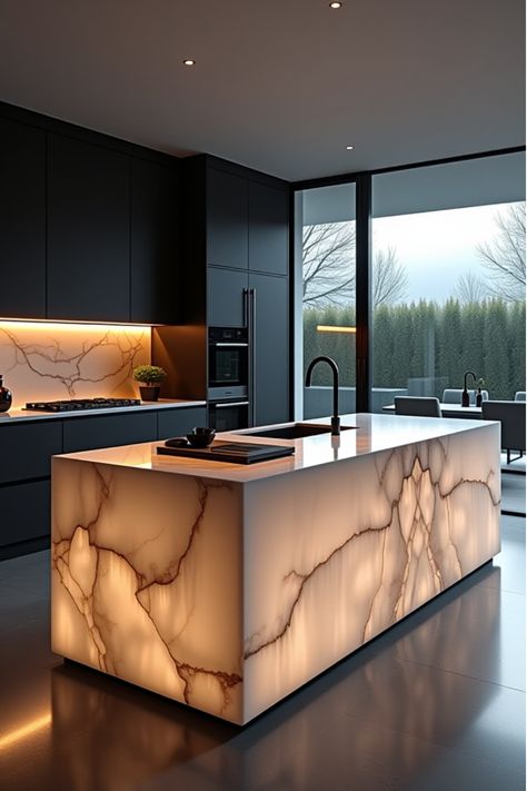 Contemporary kitchen with contrasting light and dark elements Glowing Kitchen Island, Light Kitchen Dark Island, Cool Kitchen Island Ideas, 2024 Modern Kitchen, Luxury Kitchen Design Modern Islands, Modern Warm Kitchen, Kitchen Cooking Island, Contemporary Kitchen Design Luxury, Island Seating Ideas