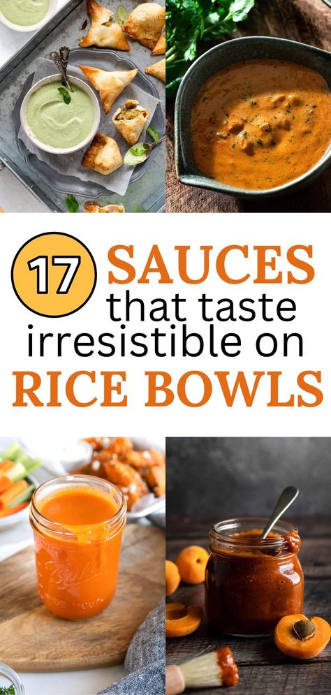 lemon tahini sauce, buffalo sauce, BBQ sauce, and paprika sauce Sauces For Rice, Healthy Sauce For Chicken, Low Calorie Sauces, Rice Bowls Healthy, Veggie Rice Bowl, The Best Rice, Best Rice, Healthy Sauces, Healthy Bowls Recipes